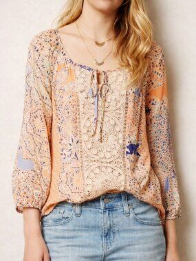 Anthropologie Meadow Rue Sheer Lace Tie Front Loose Fit Boho Tan Blouse Size XS